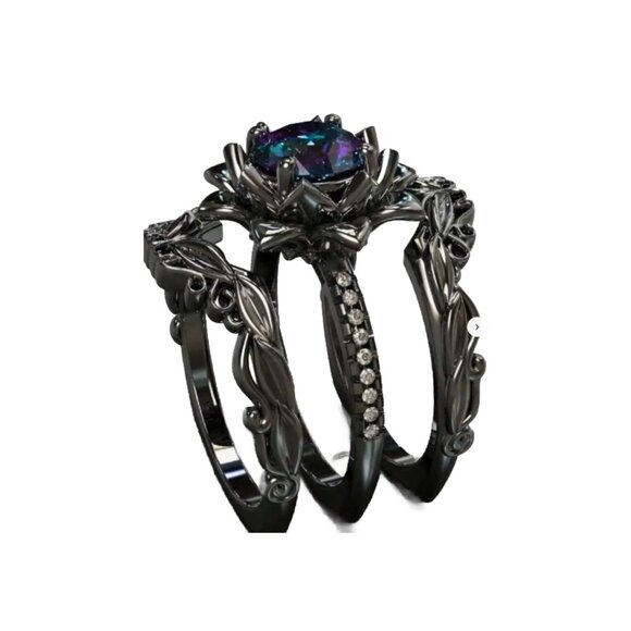 3pcs Black Leaf And Flower Style Ring Set, Inlaid With Mystic CZ - Picture 2 of 2